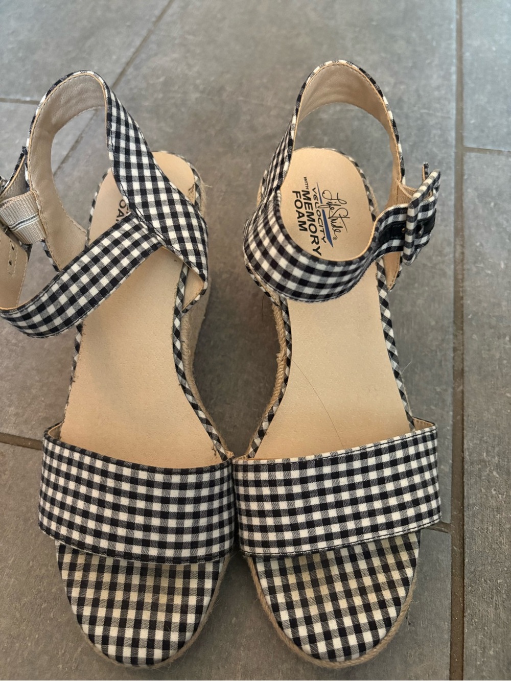 Life Stride Black and White Gingham Wedge Sandals